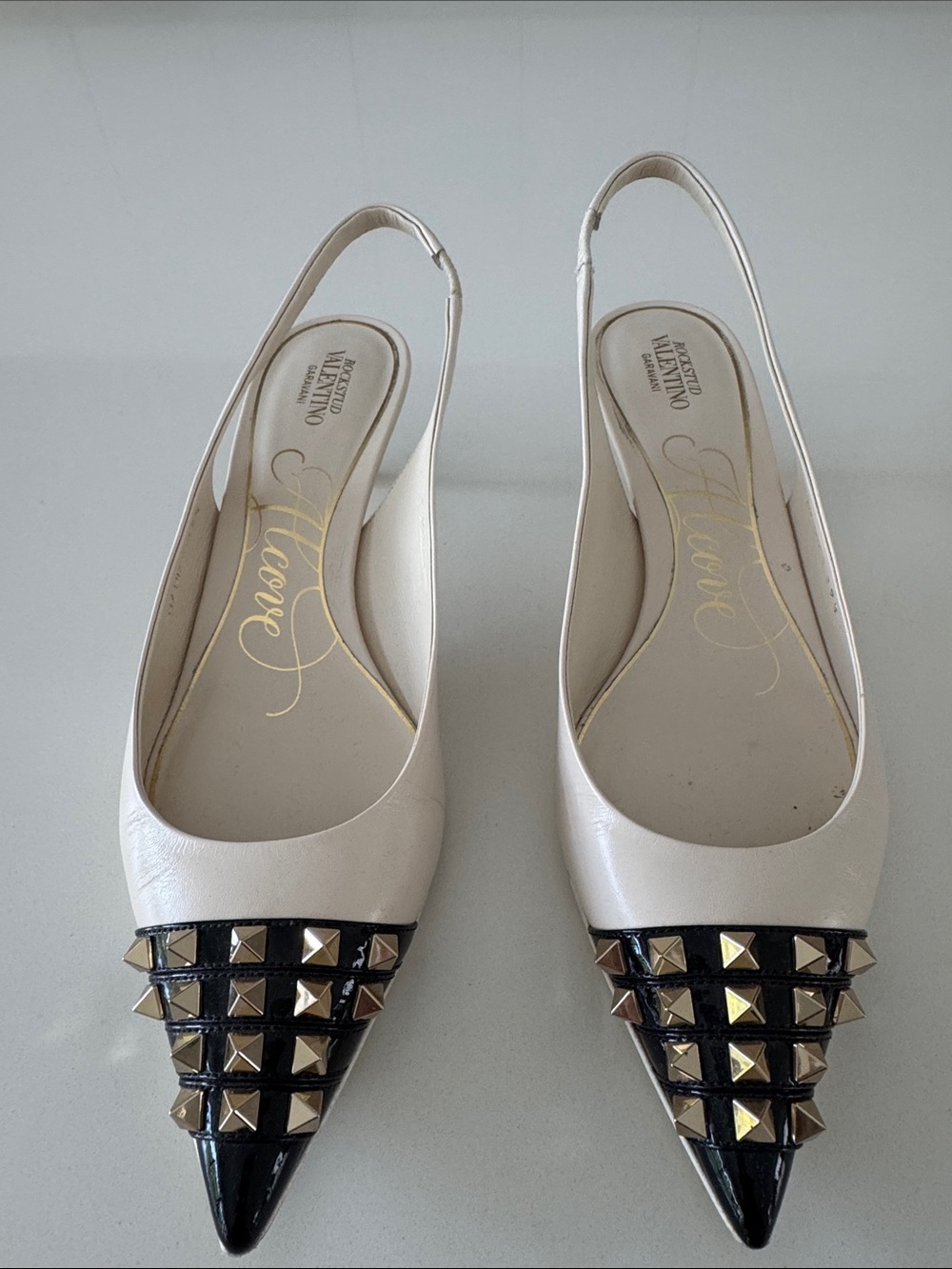 Valentino Garavani Cream Slingback Pointed-Toe Flats with Black Studded Cap
